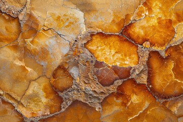 Obraz premium Abstract close-up of textured amber rock formations with cracks and a striking yellow, brown, and gray color palette.