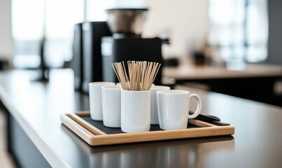 Neatly arranged white mugs and wooden stir sticks set up a sleek coffee station on a countertop.