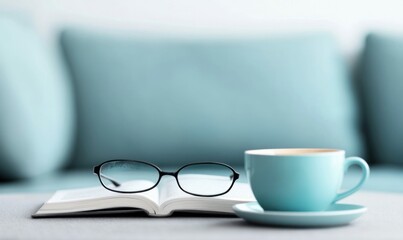 A peaceful scene with a cup of coffee, reading glasses, and an open book invites a moment of calm.