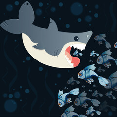 vector illustration of a shark and fishes