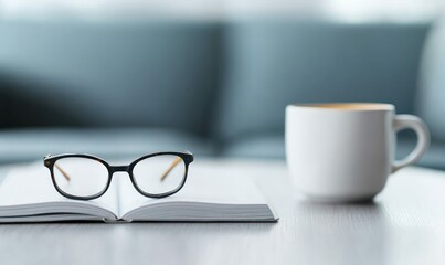 A pair of glasses rests on an open book next to a white mug, creating a peaceful reading scene.