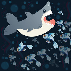vector illustration of a shark and fishes