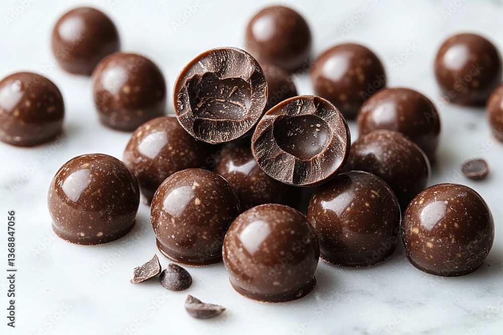 Poster delicious chocolate truffles arranged on a marble surface with one truffle cut open