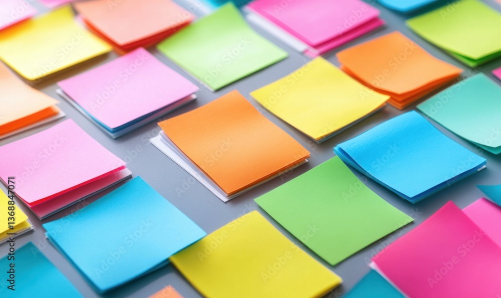 Poster a vibrant array of colorful sticky notes are neatly arranged in a grid pattern.