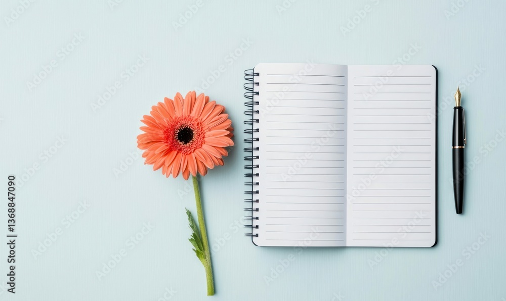 Poster bright orange gerbera daisy with notebook and fountain pen, perfect for adding text or notes.