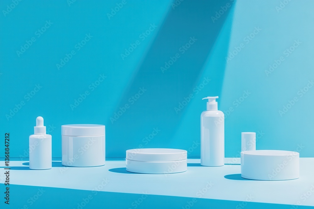 Poster white skincare products displayed on a blue background with soft shadows during daylight