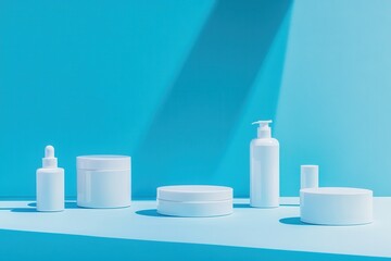 White skincare products displayed on a blue background with soft shadows during daylight