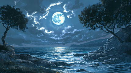 Capture tranquility of the moonlit ocean scene. Moonlit Essence. Illustration