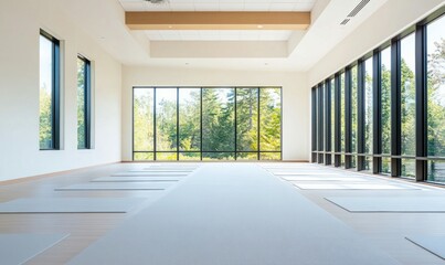 Fototapeta premium An airy yoga studio filled with natural light, set with mats ready for a peaceful session.