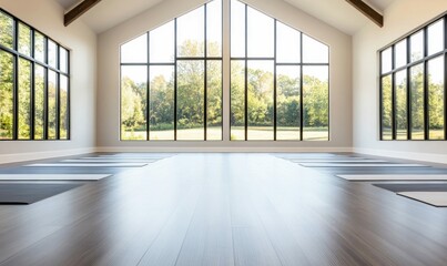 Fototapeta premium Bright yoga studio with large windows overlooking a serene green landscape and yoga mats.