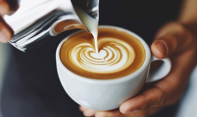 A barista expertly pours steamed milk to create a beautiful heart in a latte, a perfect coffee art.