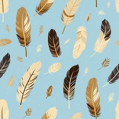 Feather pattern on light blue background. Native American style seamless design for fabric, wallpaper, and gift wrap. Boho chic element for home decor and fashion with copy space.