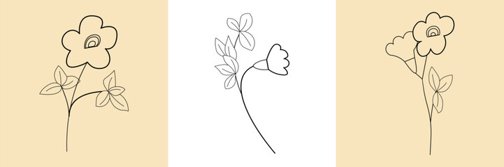 Set of stylized plants with flowers, leaves and buds. Illustration in minimalistic outline style.
