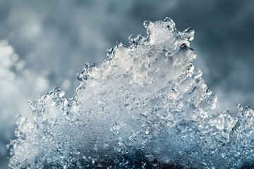 A macro shot reveals the intricate details of melting ice, capturing its delicate, translucent texture against a blurred background.