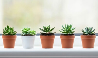 Fototapeta premium A charming row of succulent plants sit on a windowsill, bathed in gentle, natural light.