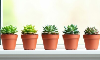 Obraz premium Five small succulents in terracotta pots line a bright windowsill, bringing a touch of green indoors.