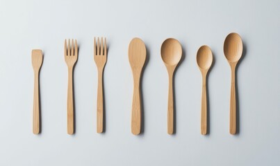 Arrangement of sustainable bamboo cutlery, including forks and spoons, against a pristine white backdrop.