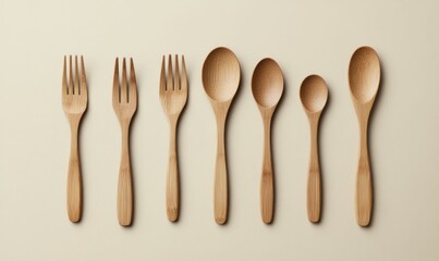 Elegant bamboo cutlery set including forks and spoons arranged on a neutral background.