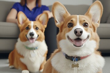 Happy Corgi dogs home portrait.