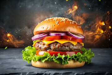 Fiery Cheeseburger with Onion & Lettuce (Dark Textured Surface)