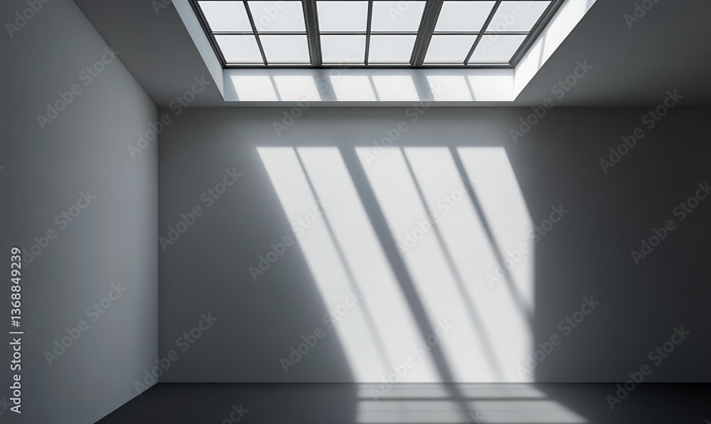 Aufkleber sunlight streams through a grid skylight, casting shadows on the blank white wall of an empty room.