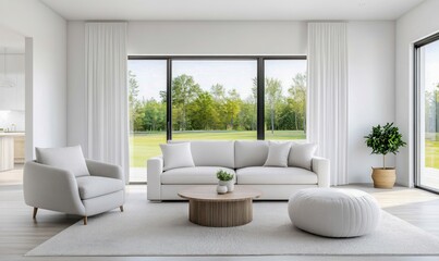 Bright living room with neutral furniture and a large window overlooking a peaceful garden.