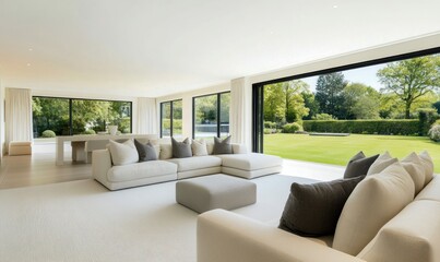 Sun-drenched living room features modern design with a seamless transition to the lush outdoors.