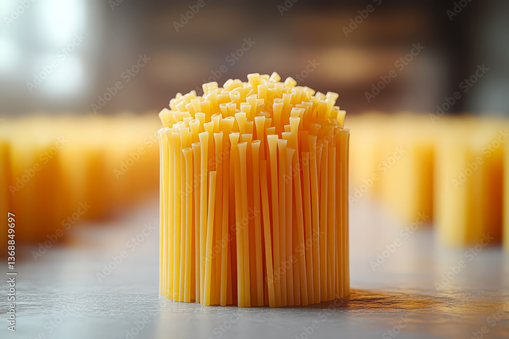 Poster pile of yellow pasta is shown in the foreground. the pasta is long and thin, and it is piled up in a