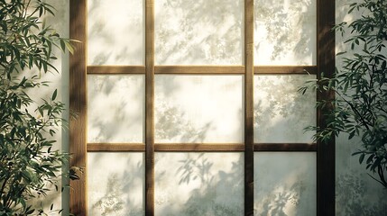 Japanese shoji screen wall, delicate wooden frame with translucent rice paper