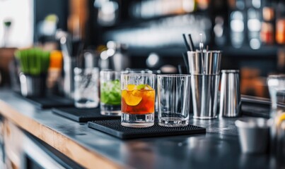 A vibrant cocktail with citrus garnish sits among sleek bar tools, ready for a celebratory evening.
