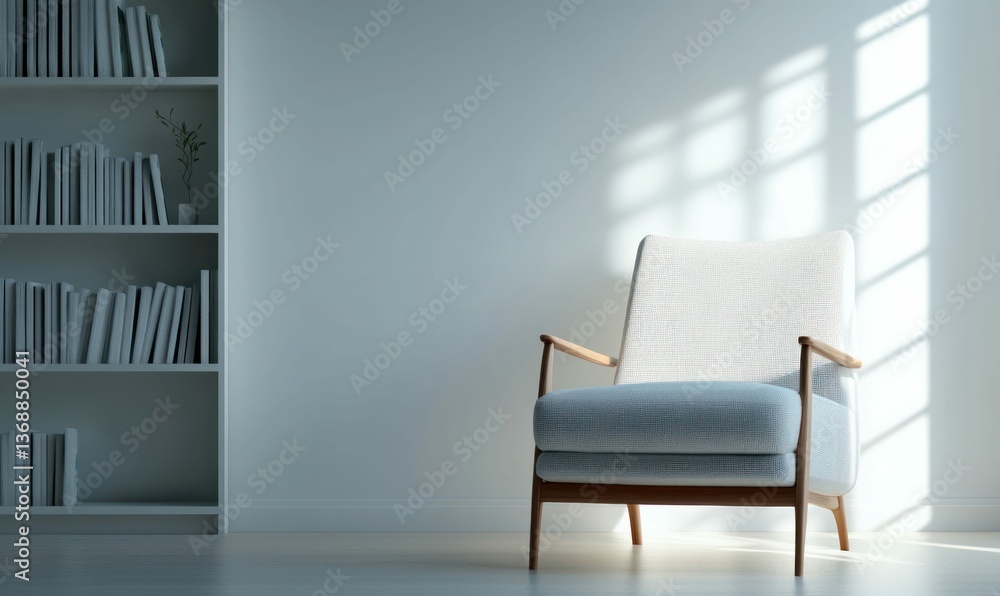 Poster sunlight streams into a minimalist room highlighting a comfortable armchair next to a bookshelf.