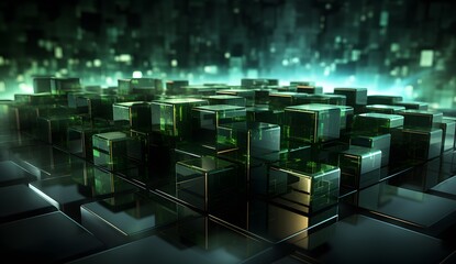 Obraz premium Abstract Dark Green Cubes with Reflections for Technology and Design