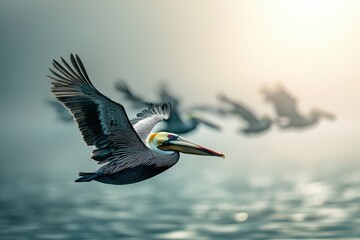 Obraz premium A majestic pelican soars over the water with wings spread in flight, other pelicans in the background, a serene scene.