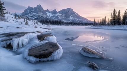 Serene winter landscape with frozen lake, snowy trees, and majestic mountains © Iris’s Dreamscapes