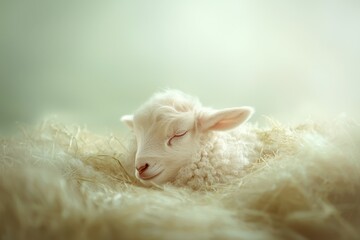 A gentle lamb peacefully sleeps nestled in soft wool and hay, evoking feelings of serenity and innocence.