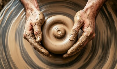 Fototapeta premium A potter's hands expertly shape the spinning clay on the pottery wheel, crafting a smooth form.