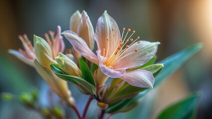 Fototapeta premium Delicate pink flowers blooming with vibrant yellow stamens, green leaves, and soft lighting