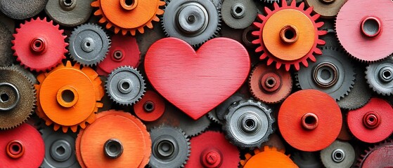 Red heart among colorful gears.