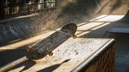 Skateboard mid-air at sunlit urban skatepark with dynamic dust particles © Iris’s Dreamscapes