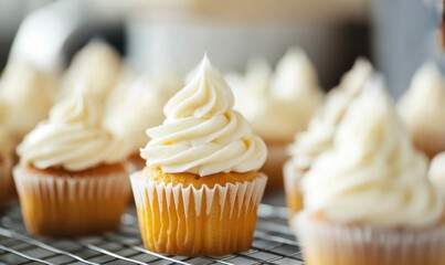 Delightful vanilla cupcakes adorned with creamy white frosting are cooling on a wire rack, ready to eat.