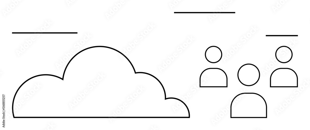 Poster large cloud with three human icons linked within minimal aesthetic design elements. ideal for teamwo