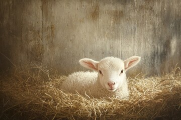 Fototapeta premium A fluffy white lamb rests peacefully on a bed of hay, against a rustic wooden backdrop.