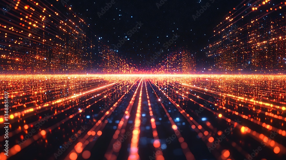 Poster abstract digital network landscape. dynamic glowing particles form pathways and structures against a