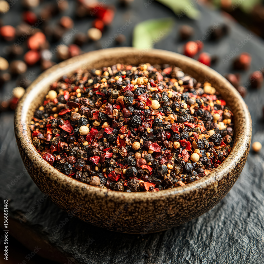 Poster bowl filled with a variety of red and black pepper flakes. the bowl is overflowing with the spices, 