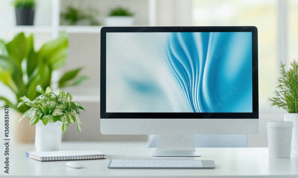 Poster modern computer display with abstract design enhances a bright, clean, and minimalist workspace.