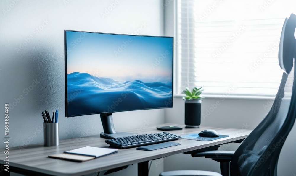 Aufkleber a contemporary desk setup with a large curved monitor displaying a calming wave landscape.