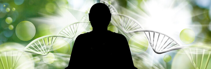 Meditation at the intersection of nature and science with a serene figure silhouetted against a...