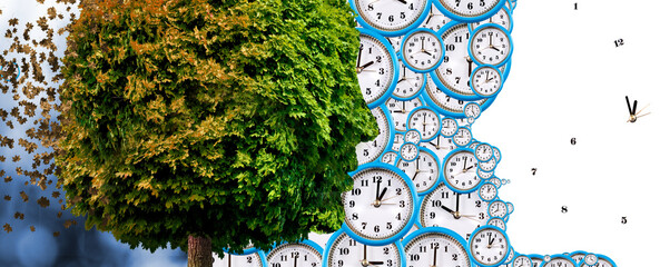 Time and nature intertwine as clocks blend with a vibrant tree in an artistic display of...