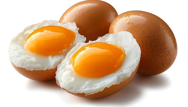 Two eggs with runny yolks and whites, next to two whole eggs.