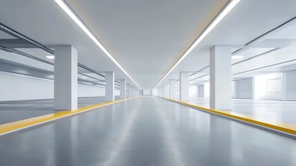 Modern, bright, empty parking garage with sleek design and yellow lines.